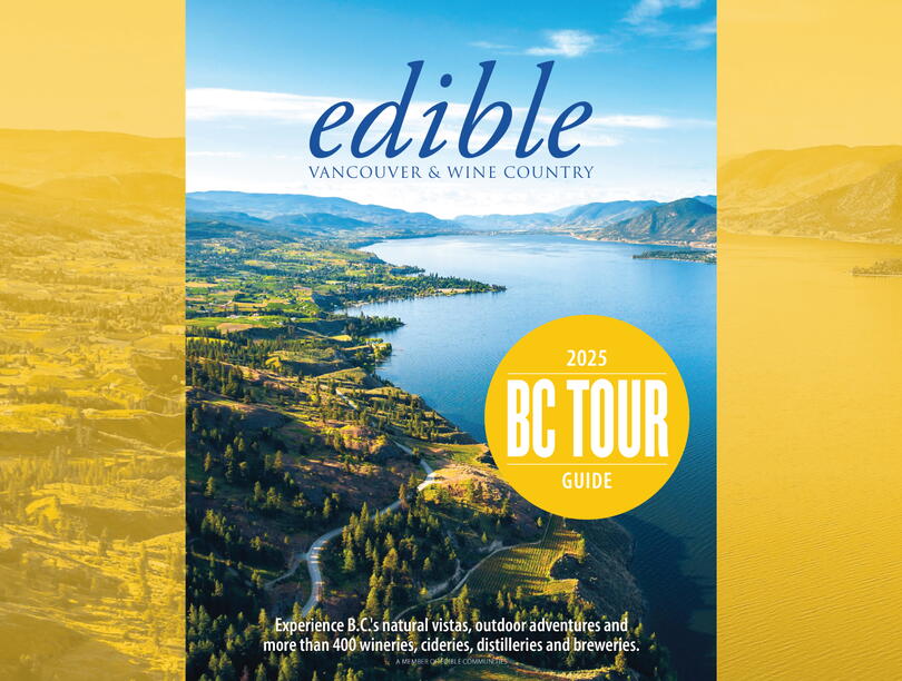 Cover of edible magazine's 2025 BC Tour Guide overlaid on a yellow background