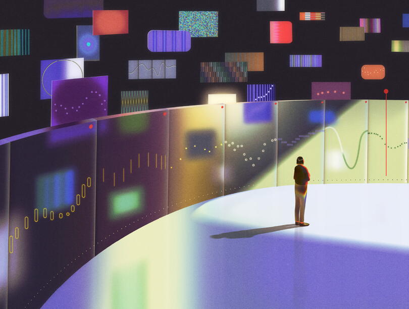 An illustration of a person standing gated in by screens and abstract patterns and colourful barcodes.