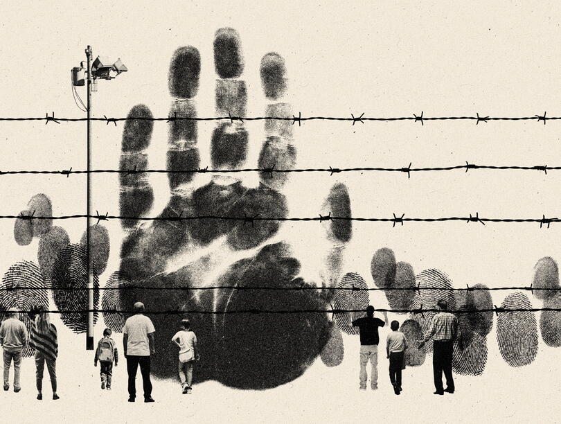 An illustration of people standing before a barbed wire wall, behind which are finger prints and a giant hand print.