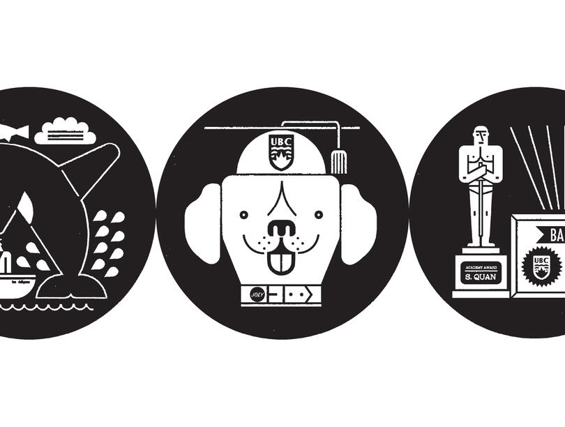 Three illustrations: an orca wearing a dead salmon on its head; a dog with a UBC graduation cap and a collar with the name 'Joey'; and an Oscar trophy with the name 'S. Quan'