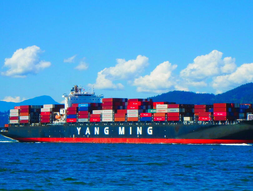 Freighter on water in front of mountains