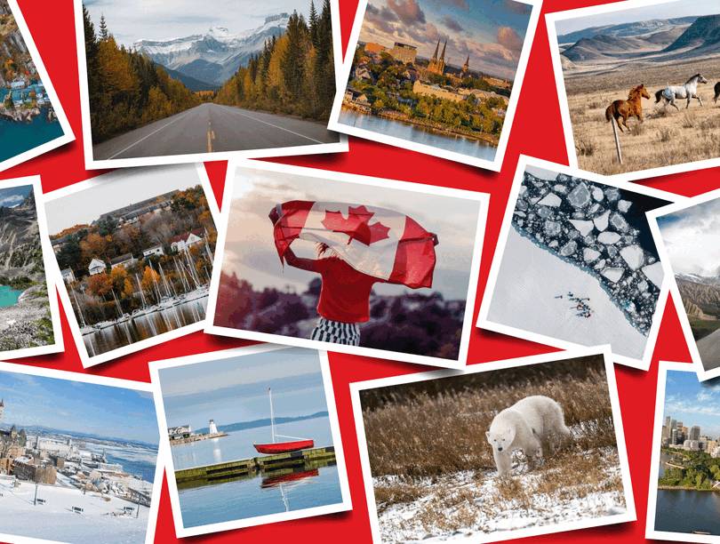 A gif of vacation photos of different Canadian locales filling up a red background