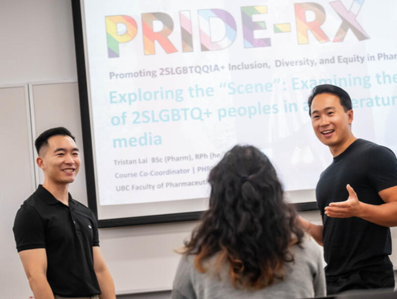 Tristan Lai, Alex Tang, and Lillian Chen chat in front of a slideshow at a PRIDE-RX presentation