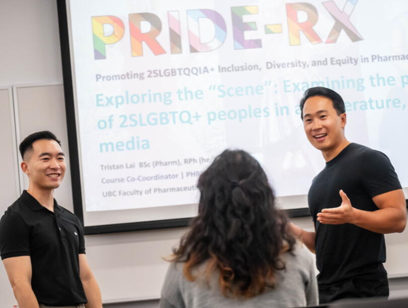 Tristan Lai, Alex Tang, and Lillian Chen chat in front of a slideshow at a PRIDE-RX presentation