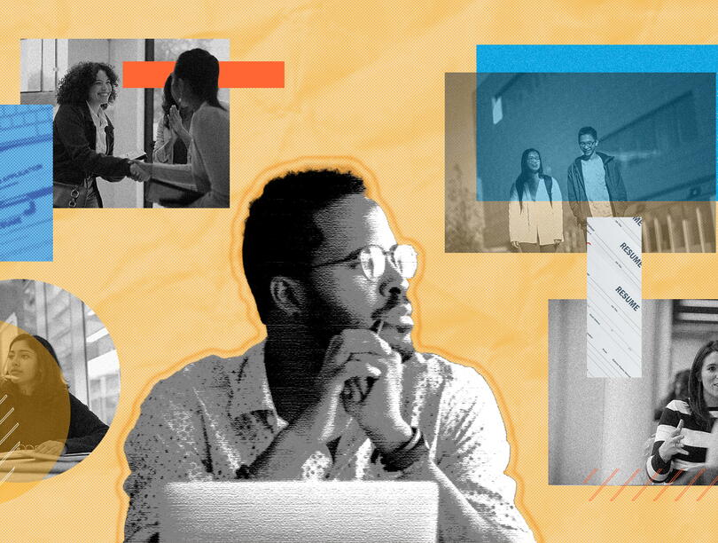 Mixed-media image collage showing black and white photos of young people in career-related settings with colourful graphic elements