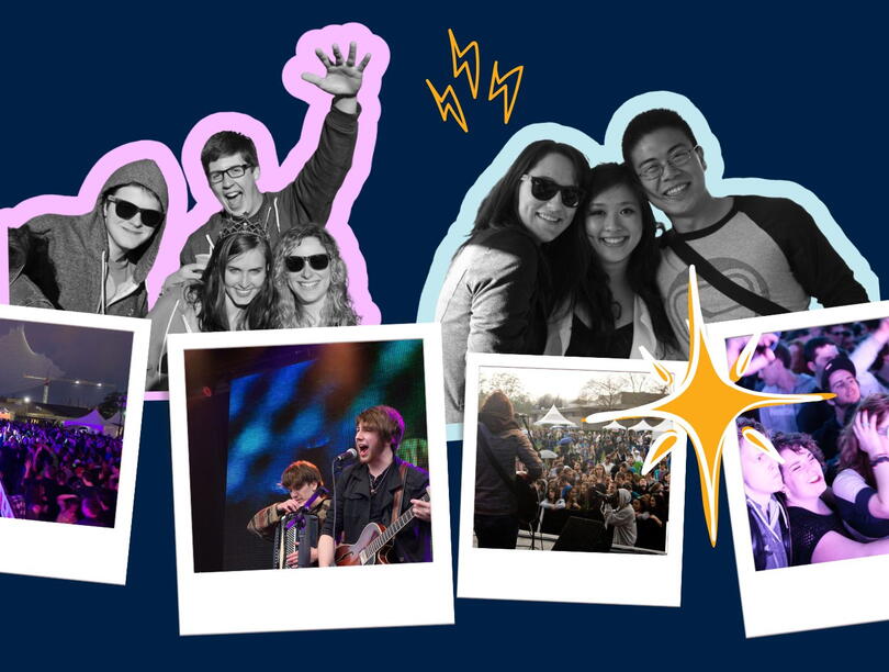 Polaroids of various UBC shows and concerts with cut-outs of students in the top half of image