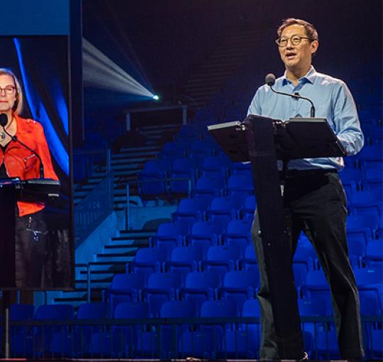 Lesley Cormack (left) and Santa Ono (right) on the stage at the launch of FORWARD, the campaign for UBC, on Sep 24, 2022