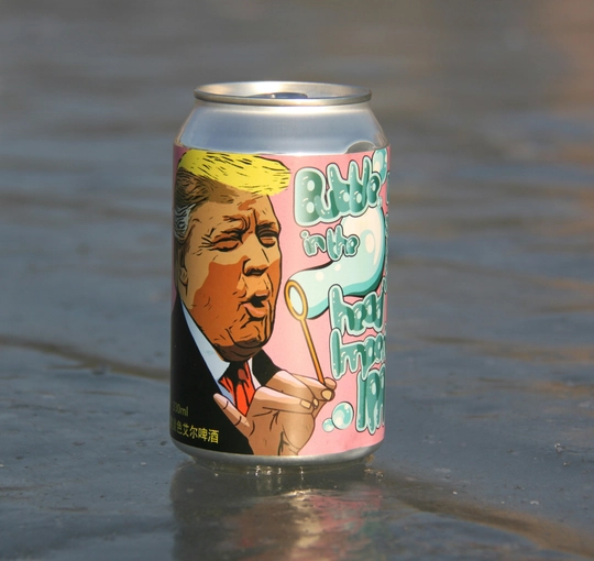 Beer can (with illustration of Trump) sitting on water