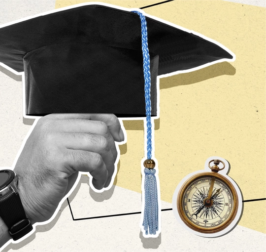 Mixed media image showing a hand holding a graduation cap, a stack of books, and other graphic elements