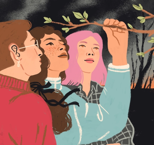 An illustration of three people looking up at a branch while a wildfire rages in the background