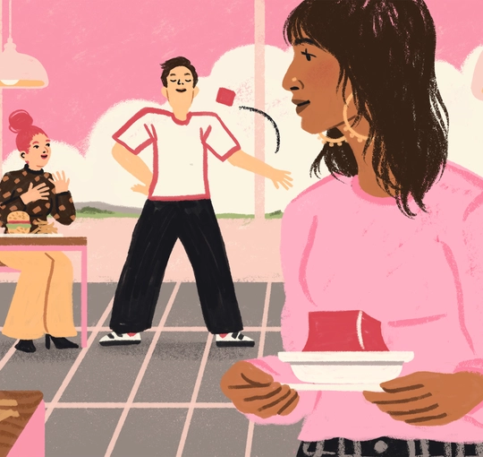 An illustration of a person with shaggy brown hair and a pink sweater holding a plate of red jello and watching another person bounce jello up his arm.
