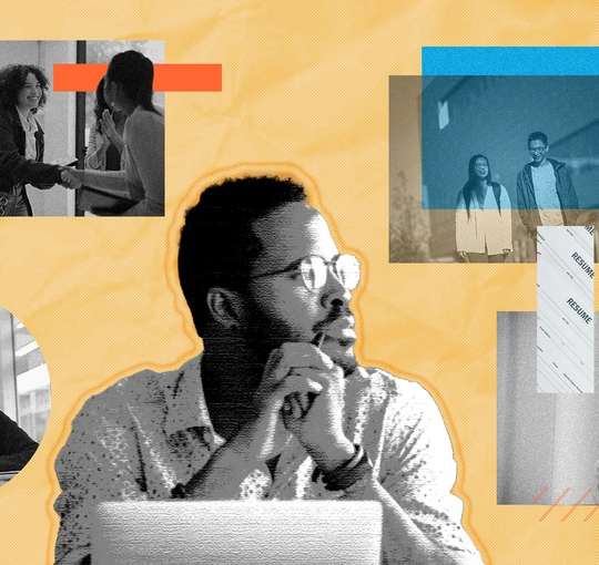 Mixed-media image collage showing black and white photos of young people in career-related settings with colourful graphic elements