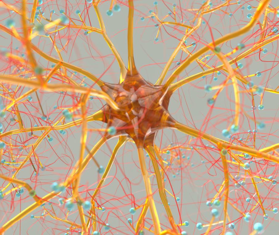 System of neurons with glowing connections on beige background