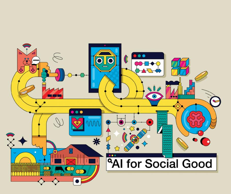 An illustration composed of multiple graphics, including webpages, a phone, a satellite, animals, eyes, and the words 'AI for Social Good'.