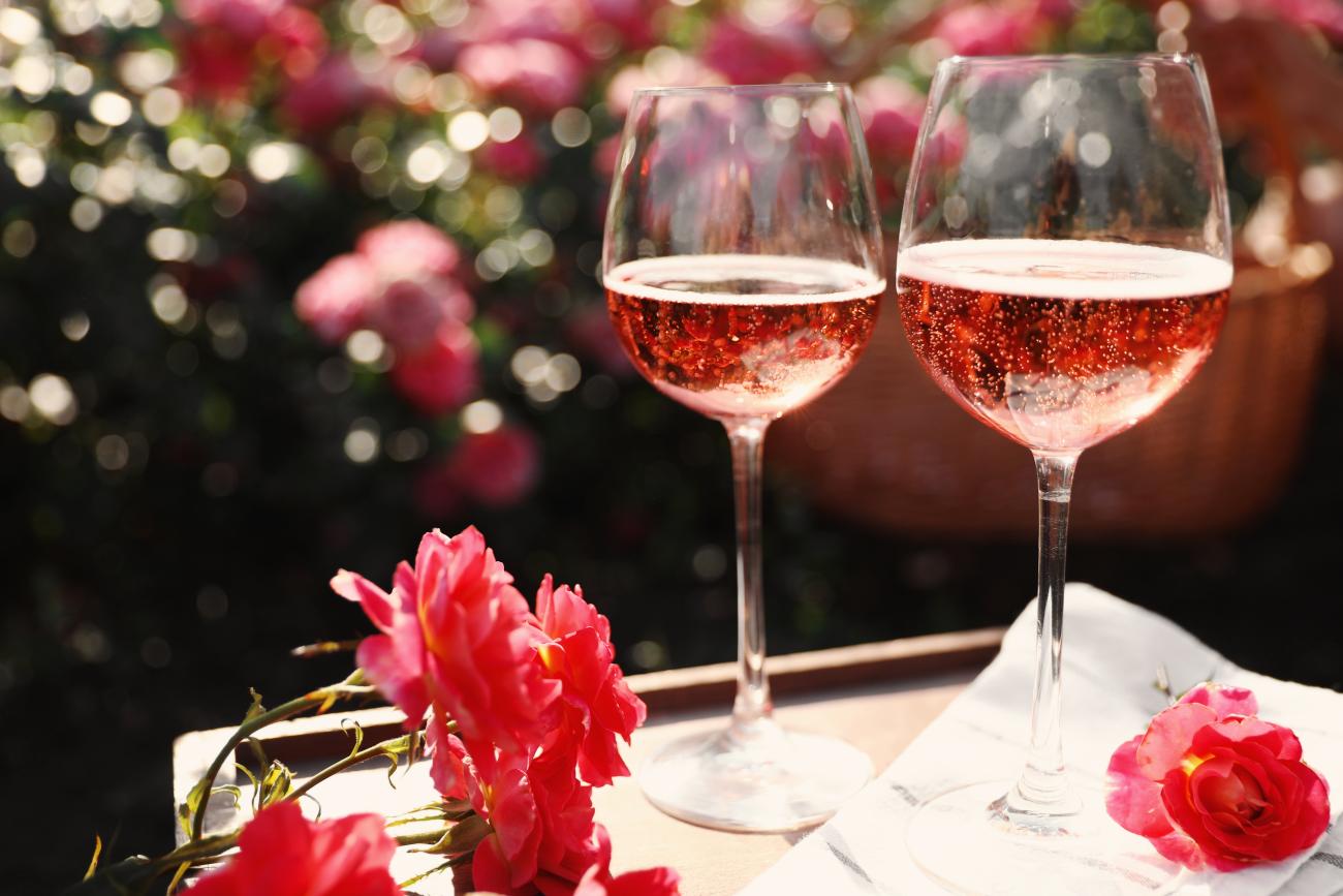 Photo of rose wine in glasses.