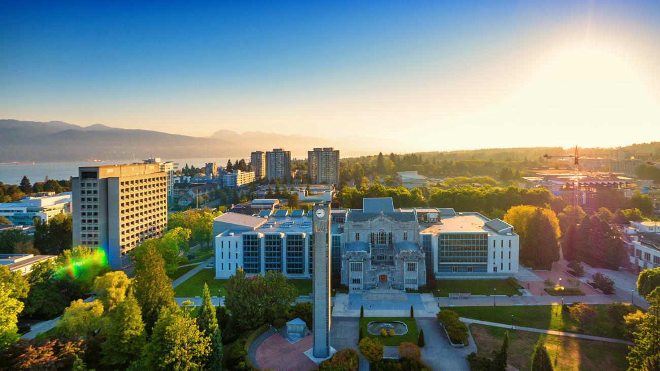 Aerial shot of the UBC Vancouver Campus, showing the Clock Tower, Buchanan Tower, and Irving K Barber Learning Centre