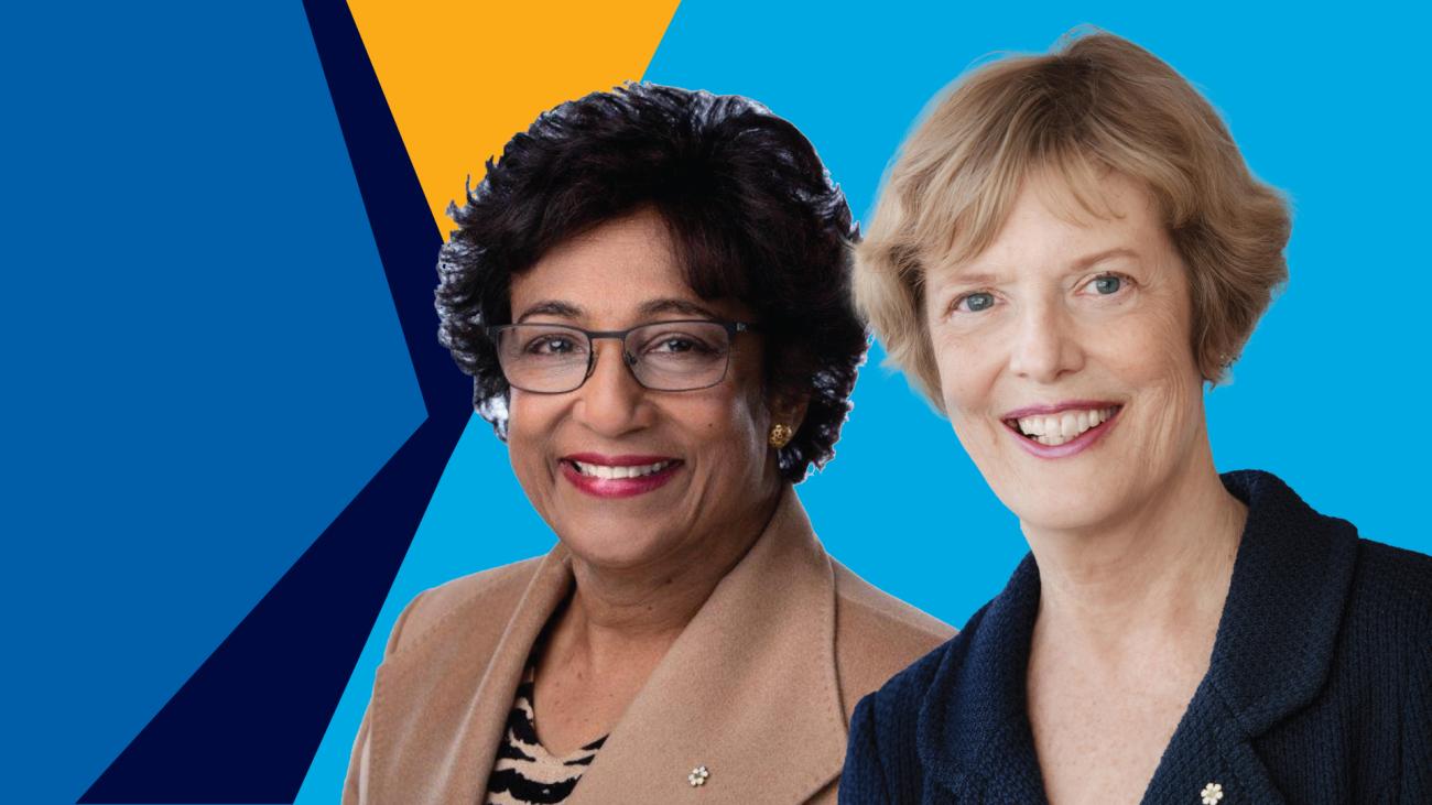 Headshot of Dr. Martha Piper and Dr. Indira Samarasekera against a blue and yellow background.