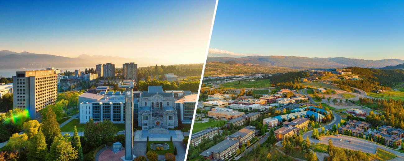 Composite photo showing the UBC Vancouver campus on the left and the UBC Okanagan campus on the right