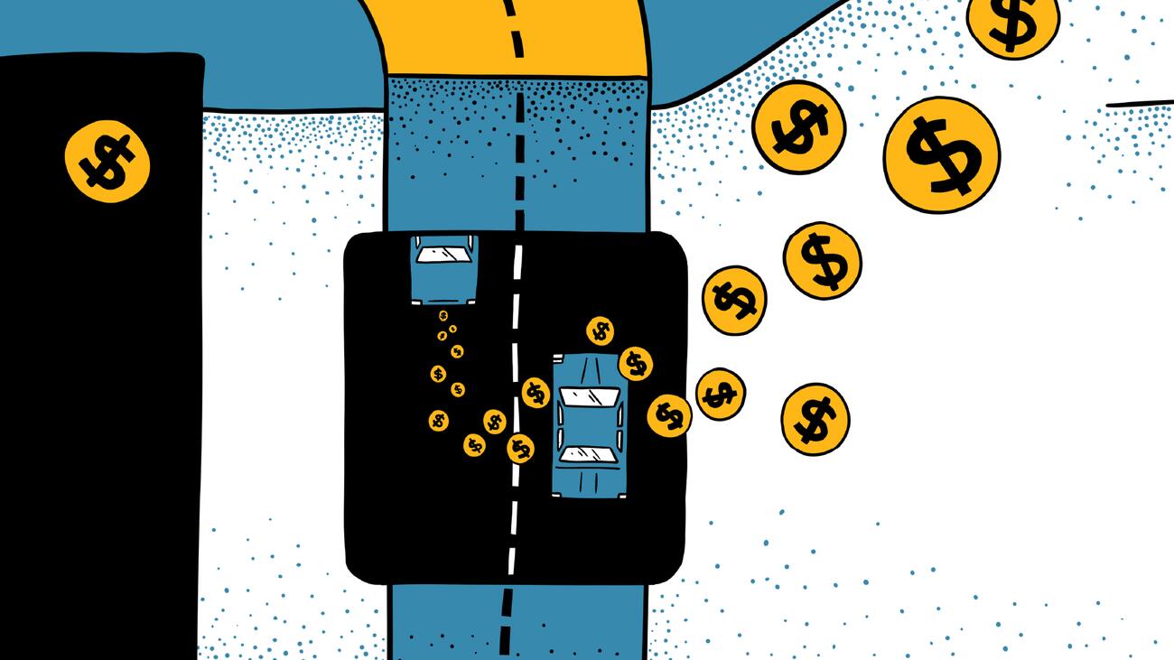 A drawing of coins with dollar signs coming out the back of a car as it drives along a street.