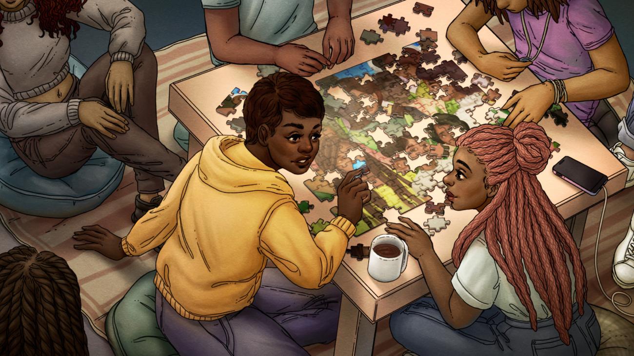 Illustration of a group of Black youth seated at a table and working on a puzzle together