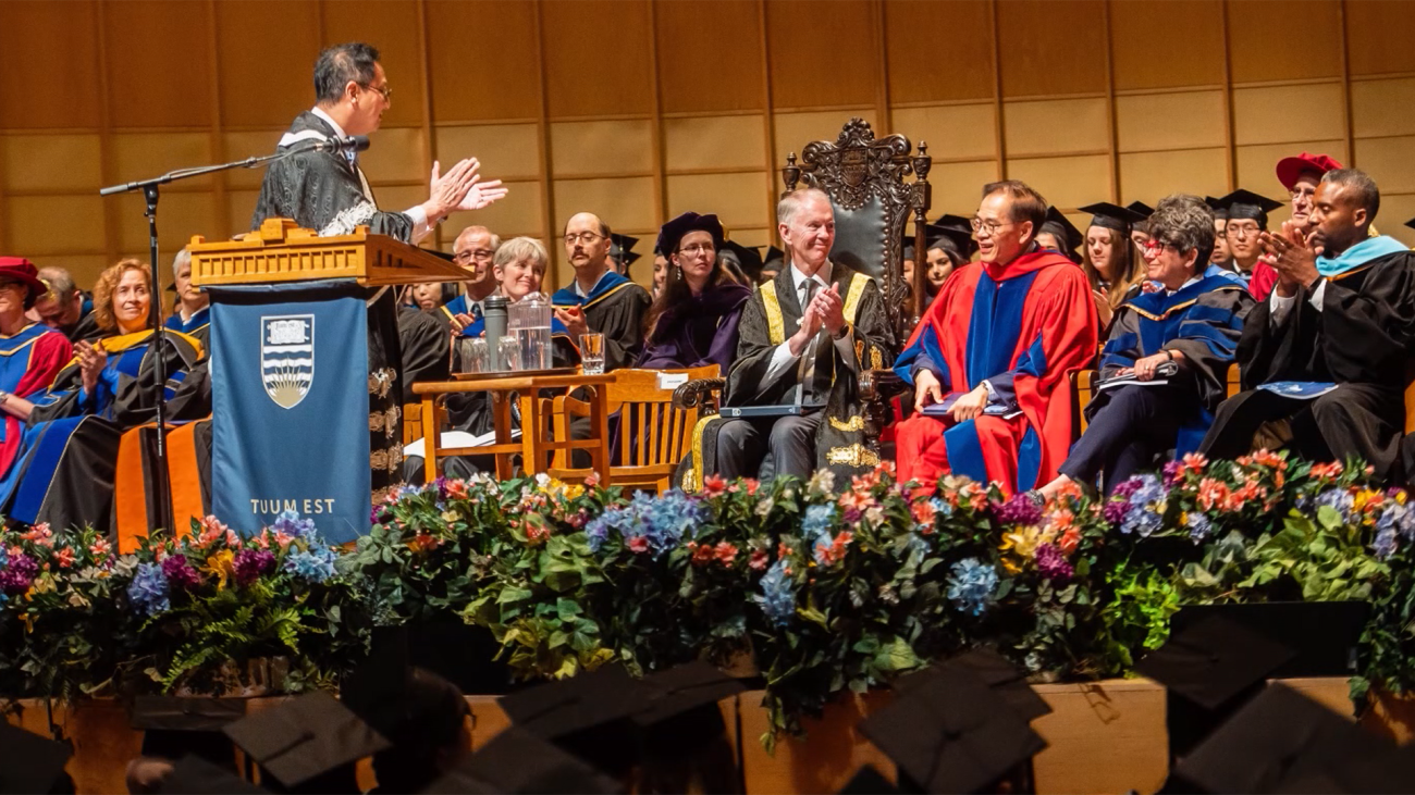 Dr. Edwin Leong (third from right) receives his honorary degree from UBC president Santa Ono