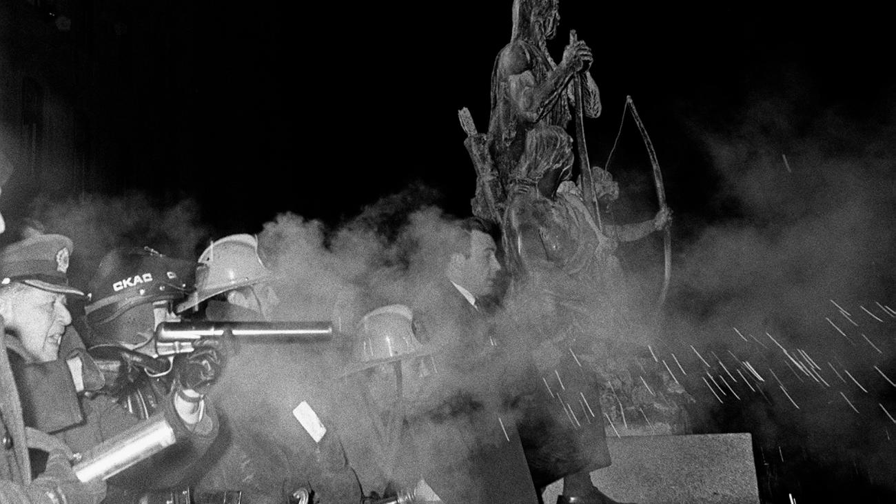 Police fire tear gas at demonstrators in Quebec City in 1969 during protest