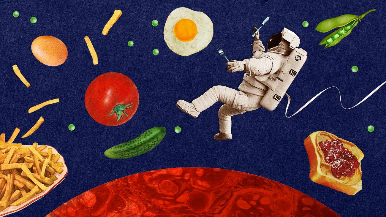 an illustration of an astronaut in space, surrounded by food