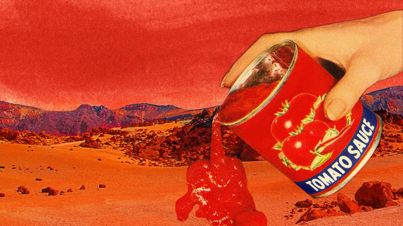 a collage showing a can of tomato sauce being poured over a landscape on Mars