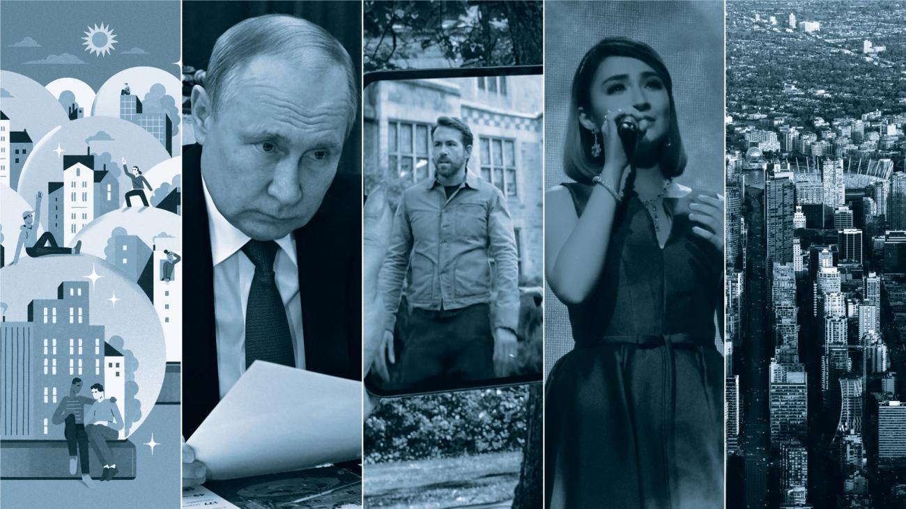 Composite image showing from left to right: illustration of cities, Vladimir Putin, Ryan Reynolds, Gerphil Geraldine Flores, aerial shot of Vancouver