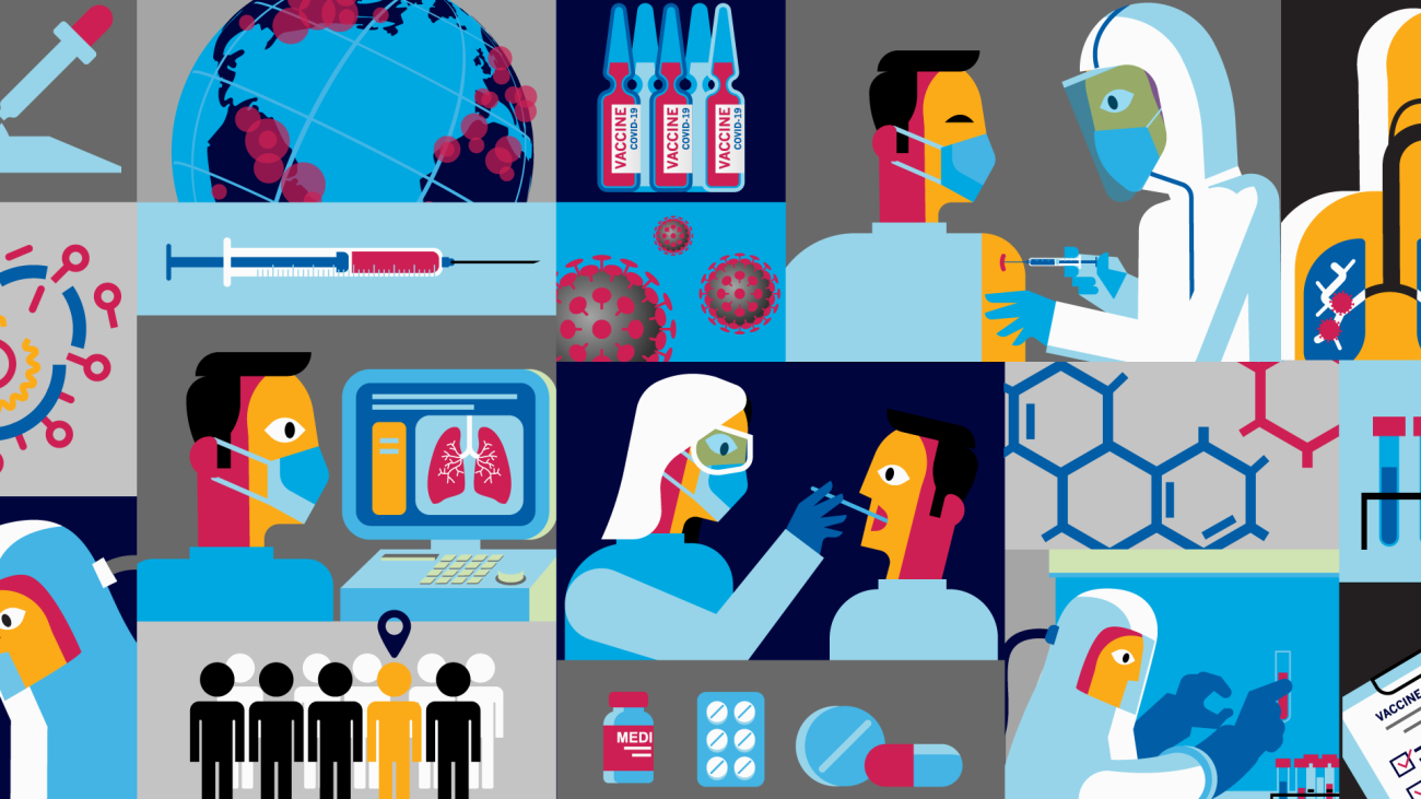 Several illustrations of vials, needles, testing, doctor looking at lung scan on screen, and more