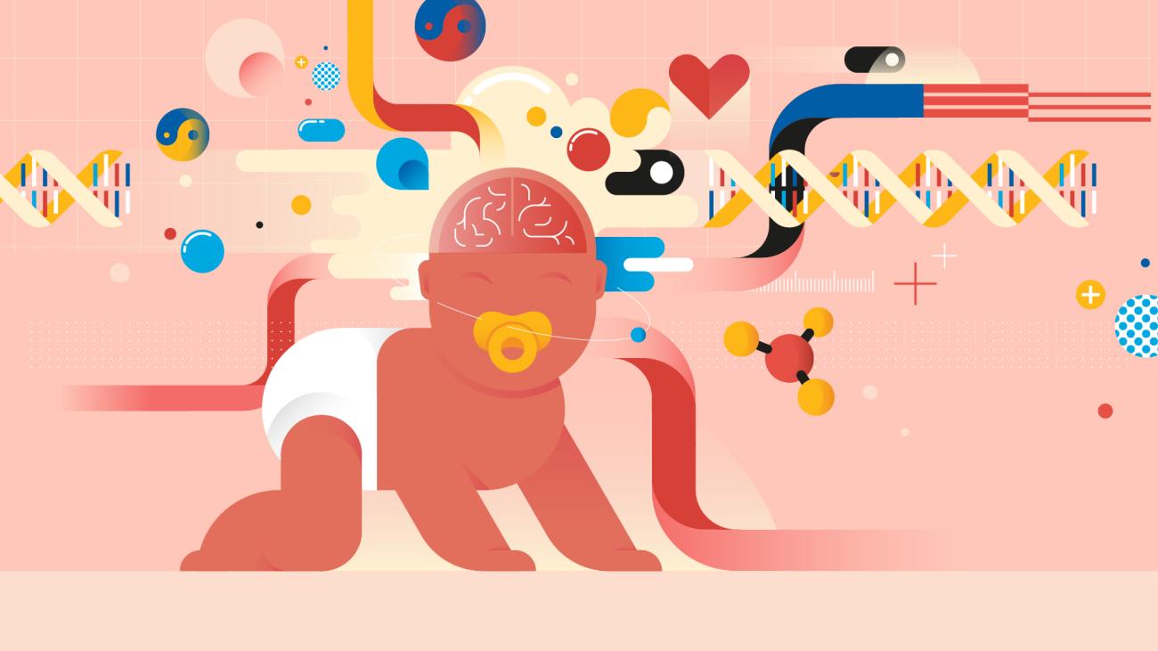 Illustration of a baby crawling, with symbols representing DNA and genes by the baby's brain