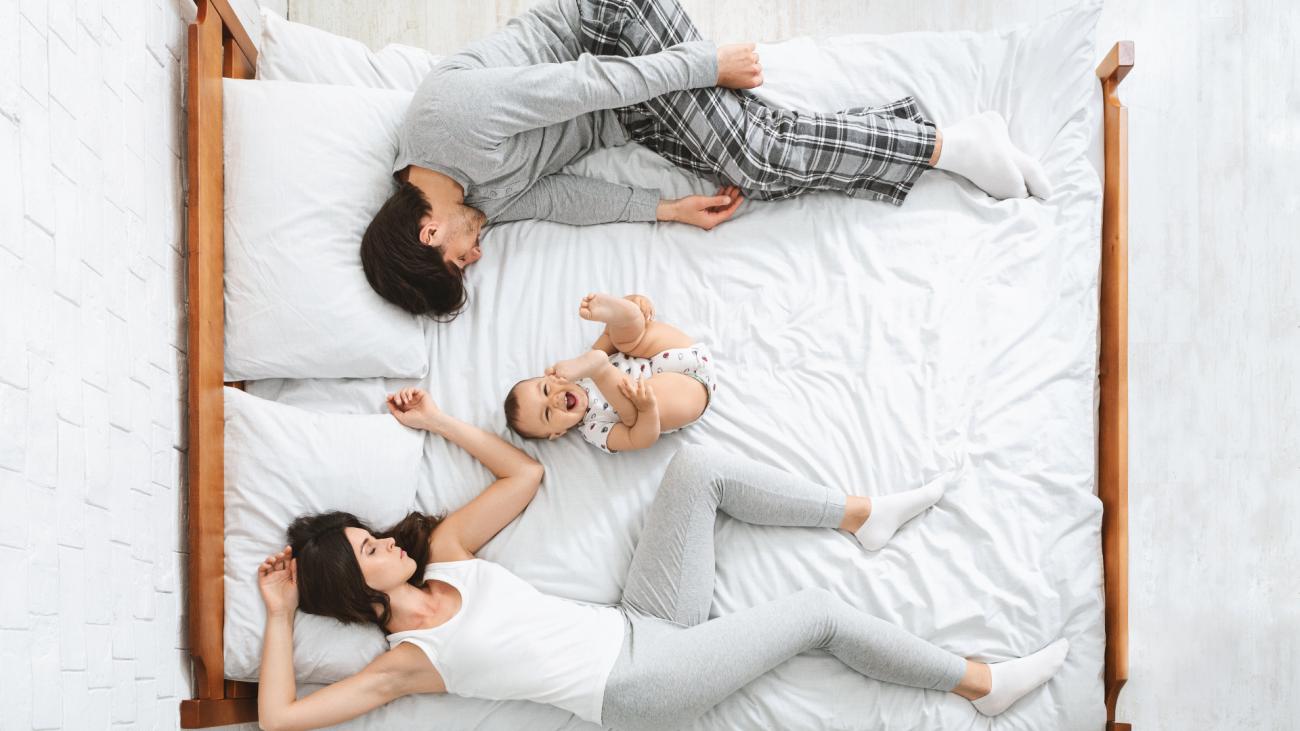 Aerial shot of parents lying on bed with baby between them