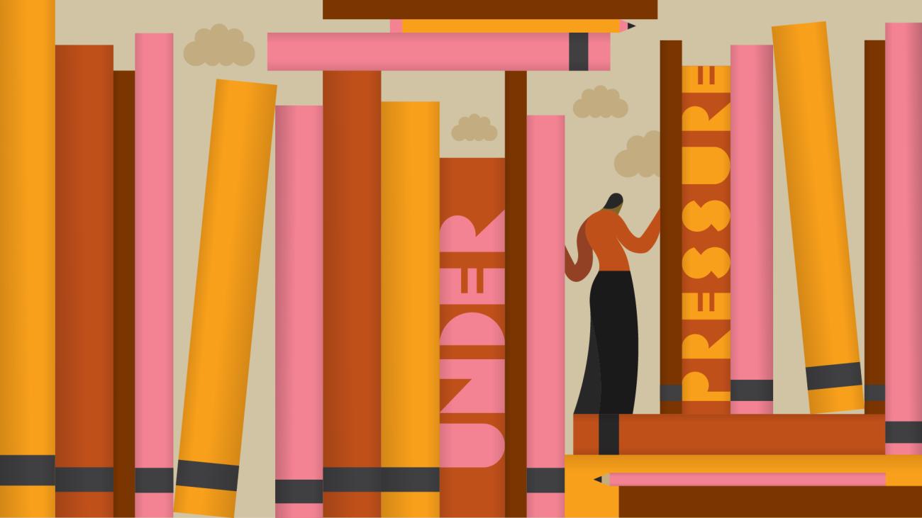 Graphic illustration depicting a student standing within a large bookshelf