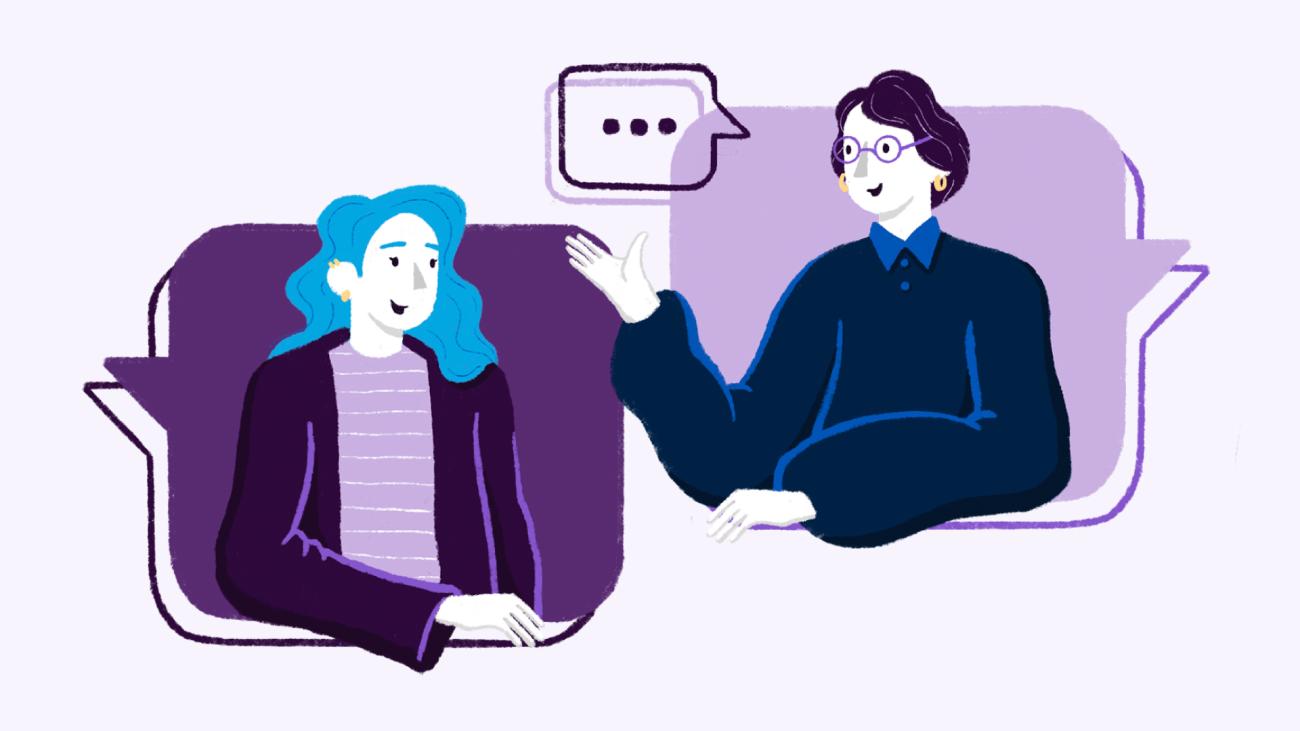 Illustration of two people, each in a speech bubble, talking
