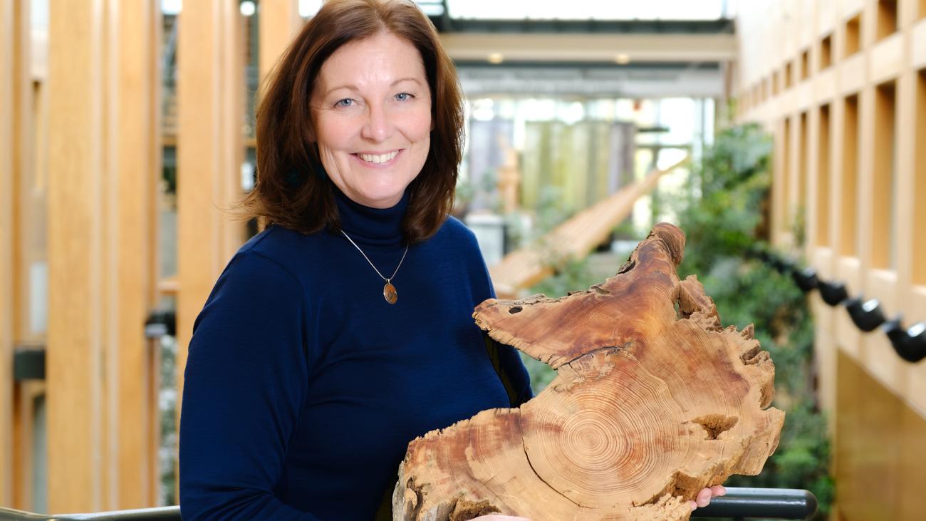 Headshot of Dr. Lori Daniels holding a cross-section of a tree trunk