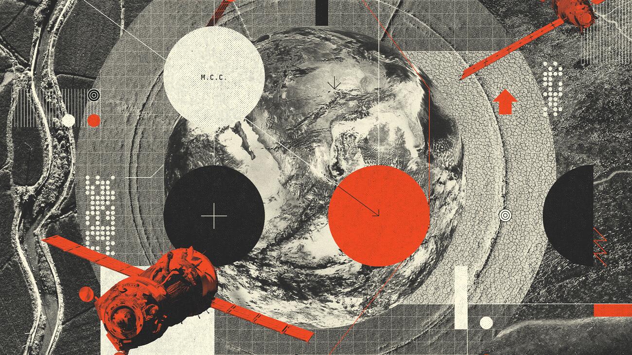 A graphic of a red satellite juxtaposed on a black-and-white photo of a planet