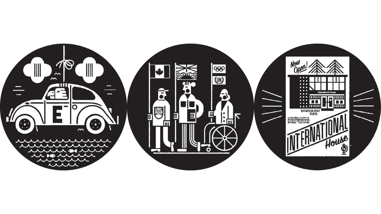 A black and white illustration of three side-by-side circles — one circle depicts a car with an 'E' on it, another has three people holding flags, the third shows a newspaper article with the words 'Now Open! International House'