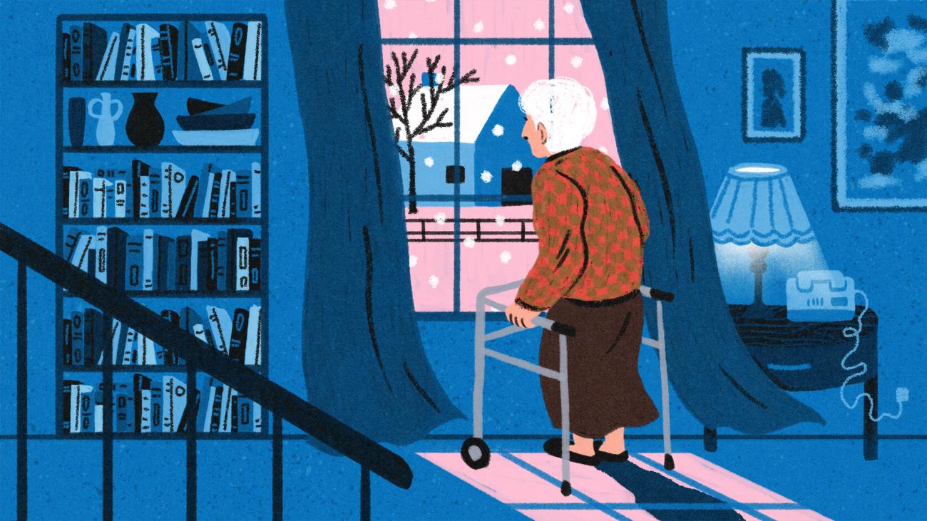 An illustration of an elderly woman with short white hair and a walker looking outside her window at the falling snow.
