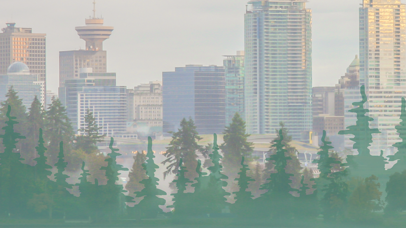 Illustration of downtown Vancouver with trees in the foreground