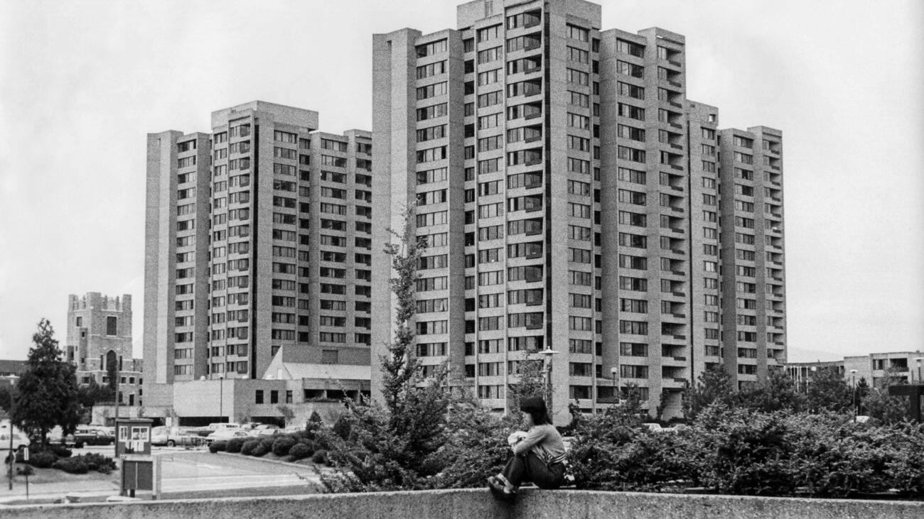 Black and white photo of Walter Gage Towers