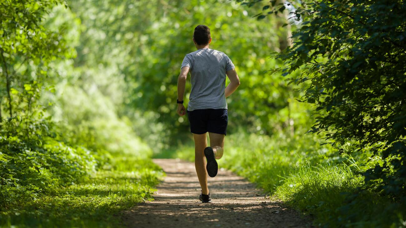 Man in shorts jogging along path in forest