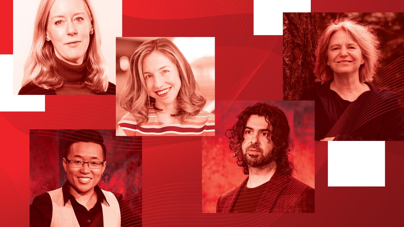 Collage of speakers' faces in TED Talk red