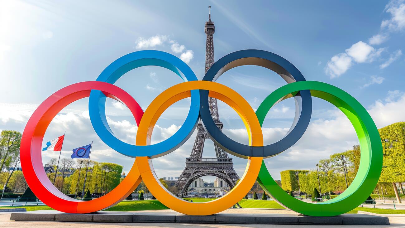 The Olympic rings with the Eiffel Tower in the background