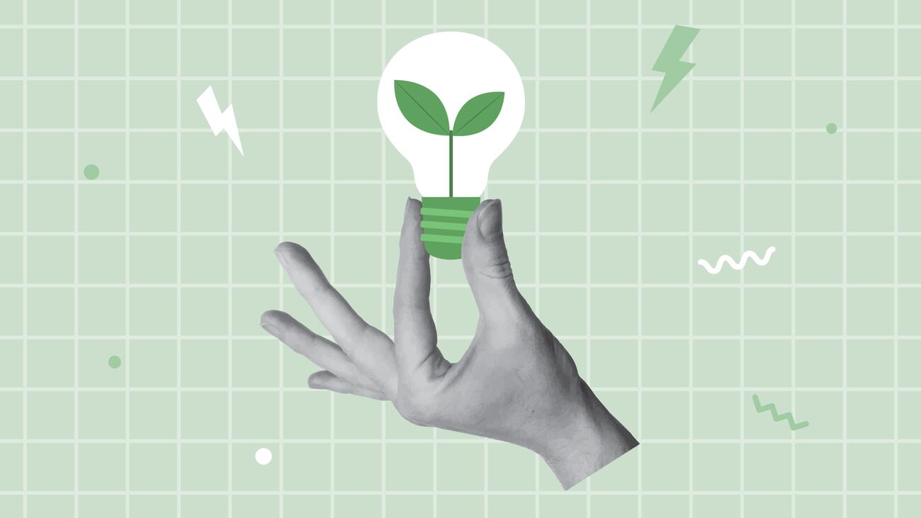 Illustration of hand holding lightbulb with plant growing inside