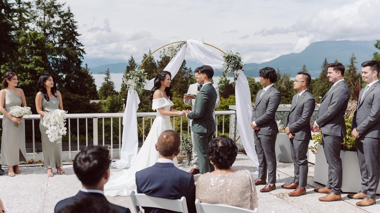 Wedding ceremony with mountains in distance