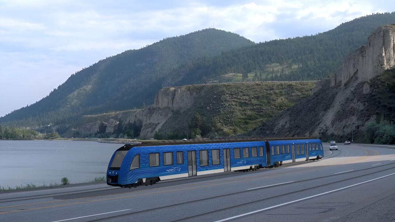 Conceptual illustration of a tram running alongside a lake