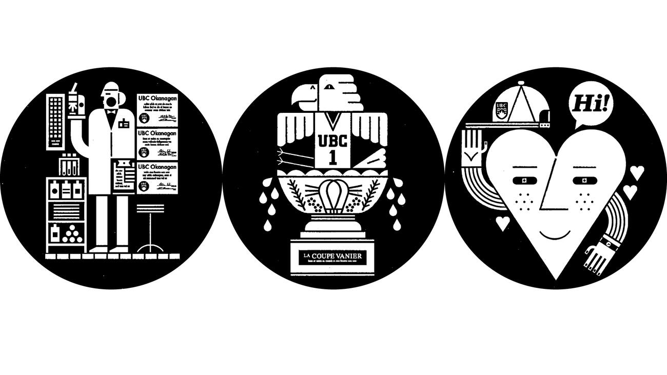 A black and white illustration of three side-by-side circles: the first shows a scientists in a lab with UBC Okanagan diplomas on the wall, the second shows a UBC Thunderbird sitting atop the La Coupe Vanier, and the third shows an anthropomorphic heart saying, "Hi!"