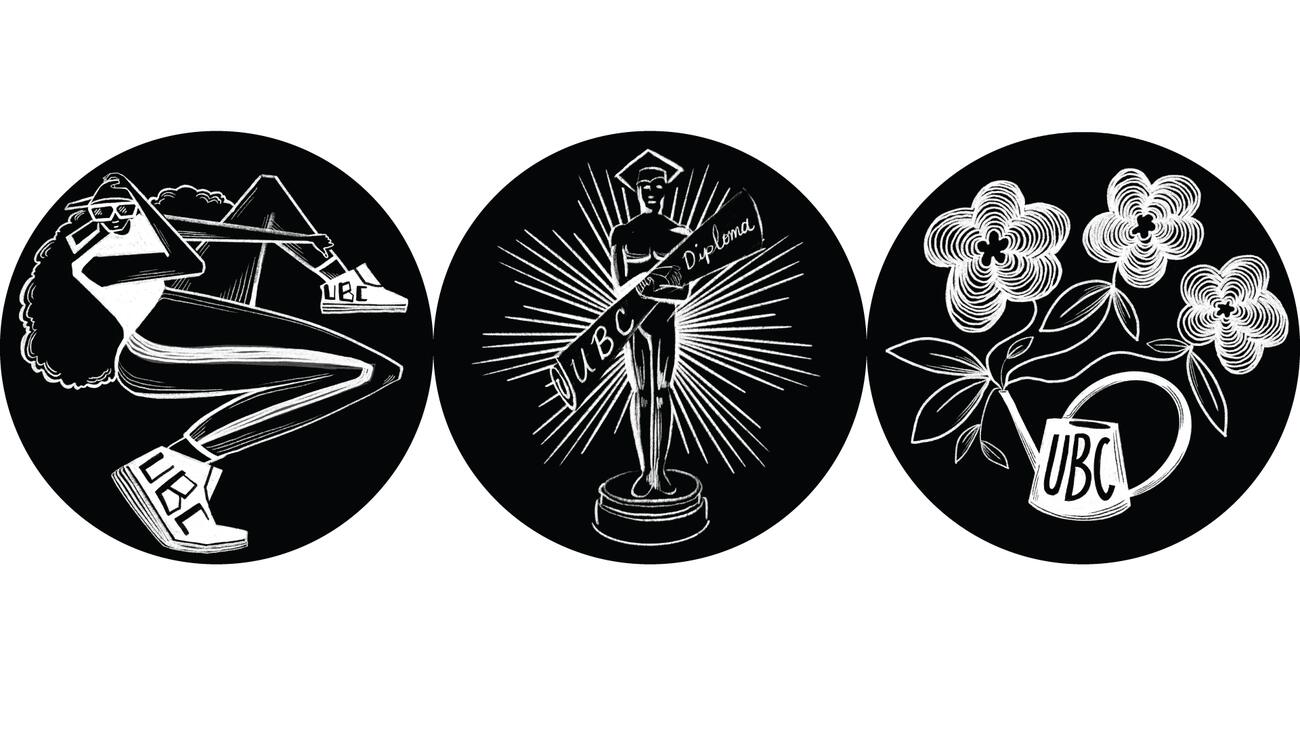 A black and white illustration of three side-by-side circles: one circle shows a hip hop dancer, another shows a graduate holding a UBC diploma, and the third shows flowers growing out of a watering can