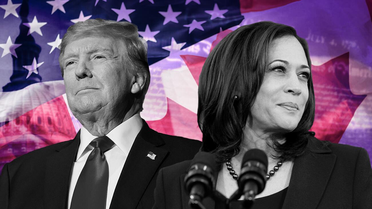 Donald Trump and Kamala Harris in front of US and Canadian flags