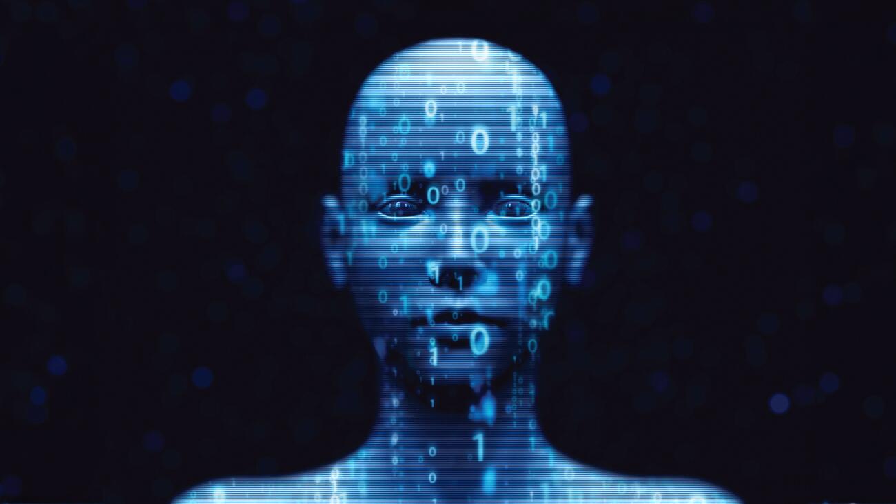 Blue humanoid head covered in zeros and ones